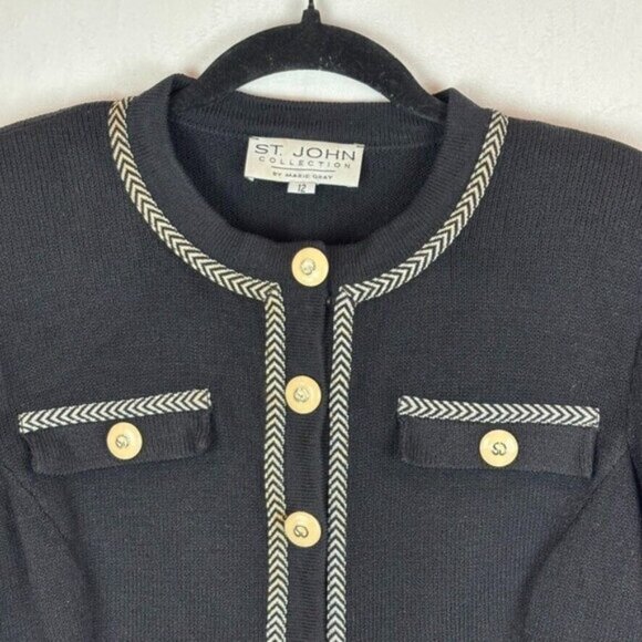 Vintage St. John Collection Marie Gray Women's Black cream button cardigan sz 12 - Picture 2 of 10